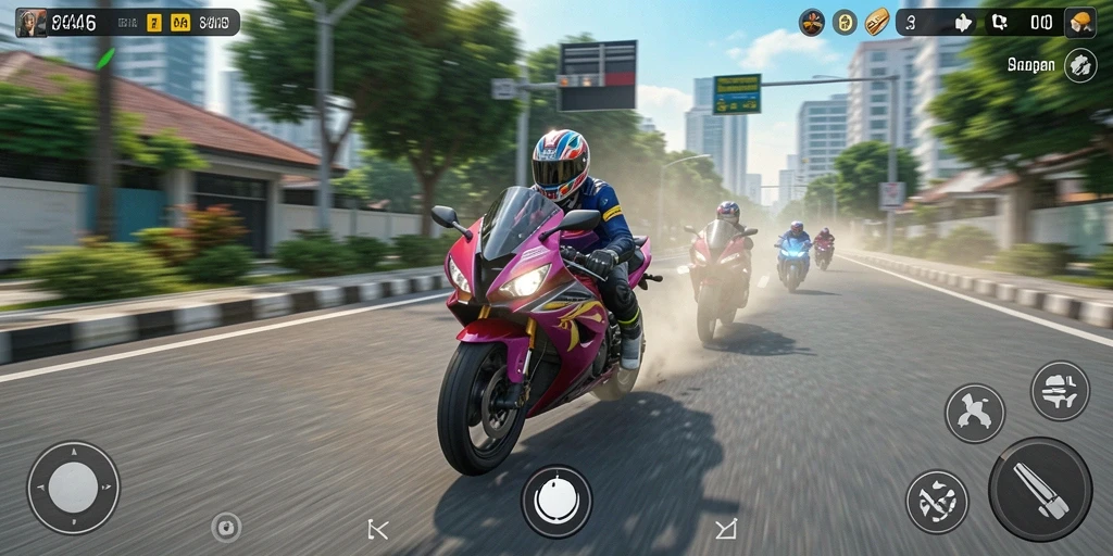 Screenshot gameplay 3446 menampilkan aksi balapan motor yang mendebarkan.