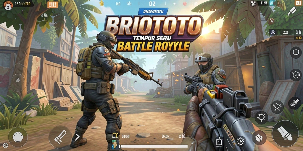 Screenshot gameplay <strong>BRIOTOTO</strong> menampilkan pertarungan seru dalam arena Battle Royale.