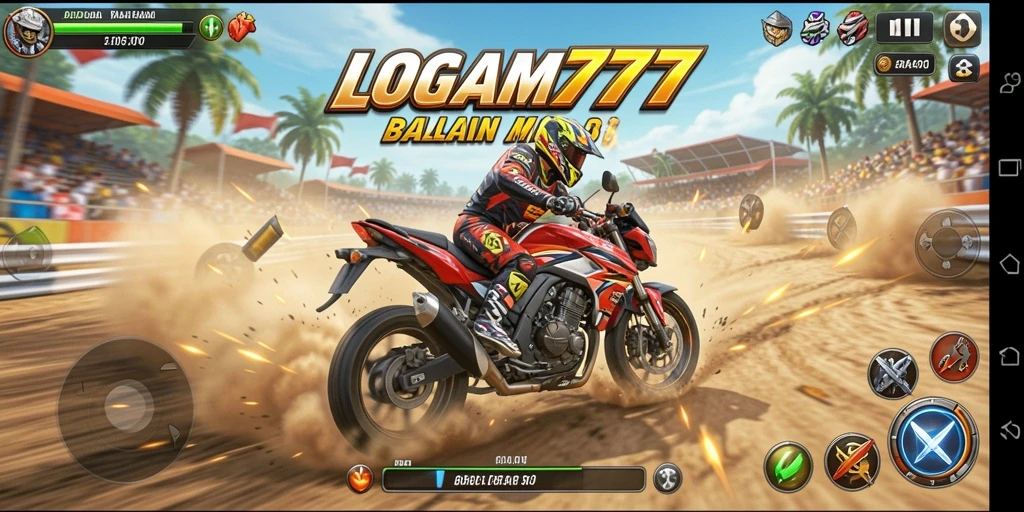 Tampilan gameplay LOGAM777 saat balapan motor yang seru dan cepat.