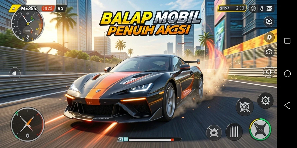 Screenshot gameplay ME355 menampilkan aksi balap yang mendebarkan.