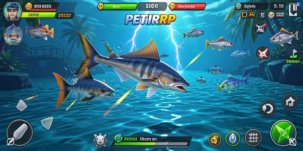 Tampilan screenshot utama PETIRRP dengan aksi menembak ikan.