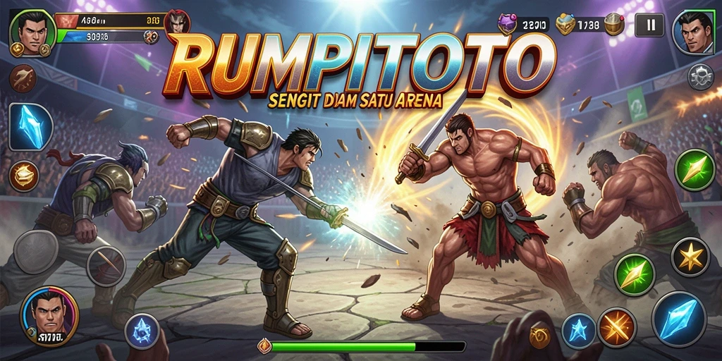 Tangkapan layar utama RUMPITOTO menampilkan momen pertarungan seru di arena Battle Royale.